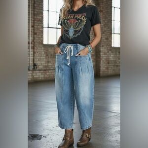 NWT Rope Drawstring Washed Denim Relaxed Fit Barrel Horseshoe Jeans Pants